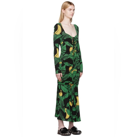 Ganni BNWT Green Black Banana Dress MIDI 36 - Picture 4 of 6